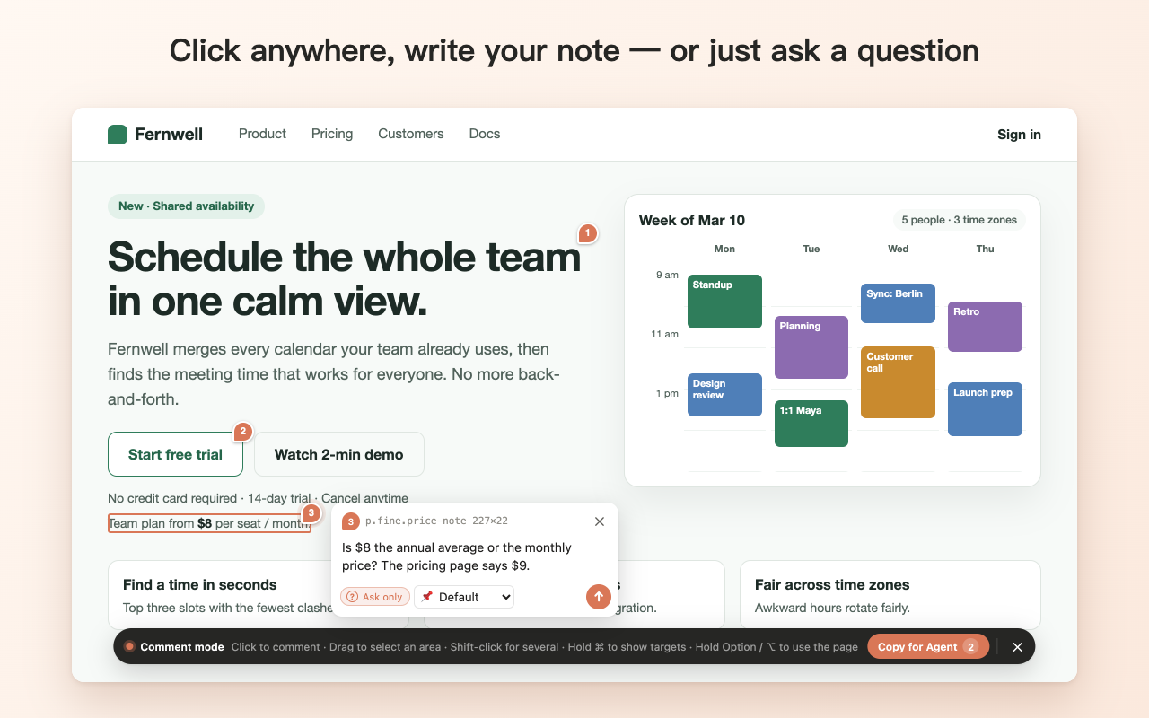 Comment card next to a numbered pin on a web page, with the PointChat toolbar at the bottom